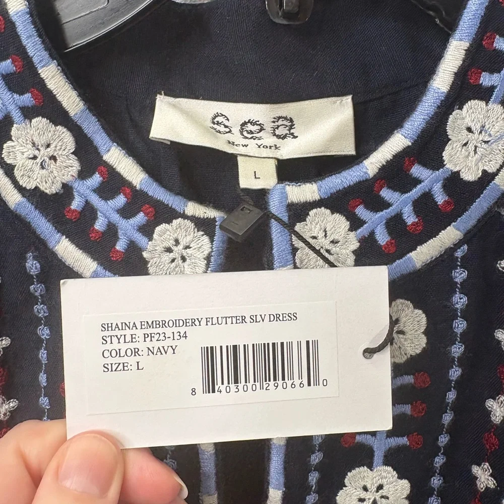 Sea New York Large Shaina Embroidery Flutter Sleeve Dress in Navy Size Large NWT - Picture 5 of 8